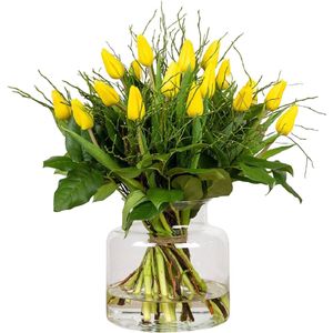 VeenseTulpen: Vers Bloemenboeket Geel - 20 Stuks Tulpen - Met Extra Groen - Verse Gele Bloemen