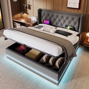 Sweiko Tweepersoonsbed - 140*200 cm - LED-verlichting - Hydraulische opbergruimte - USB Type-C oplaadfunctie - Zonder matras - Grijs