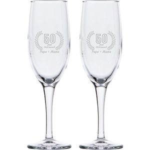 Gegraveerde set champagneglazen 16,5cl Papa + Mama 50 jaar getrouwd