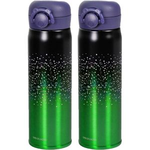 2x stuks thermosfles / isoleerkan 500 ml groen/zwart - RVS - thermosflessen / isoleerflessen