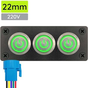ProRide Metalen drukschakelaar 220V ON-OFF - Inbouwpaneel drievoudig - 22mm - IP67 - LED indicatie Groen