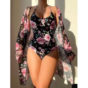 Sexy elegante corrigerende badpak met rozen / bloemen met kimono vest maat S