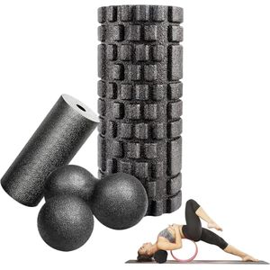 4-delige fasciarollenset met 3D-textuurmassage, mini-fasciarol, fasciabal en duoball EPP draagbare fasciarol, wervelkolom voor yoga, spiermassage, voet, nek, pilates, zwart