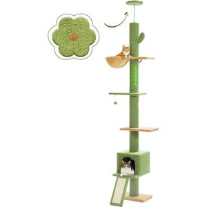 Kattenu FlowerTower - Hoge Plafond Krabpaal - Verstelbaar van 210-274 cm - Groen - Inclusief Hangmat en Katten huisje