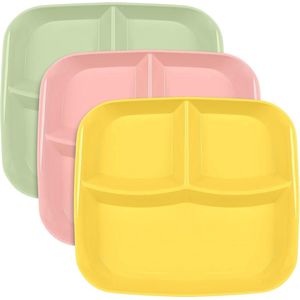 3 stuks kunststof borden, gedeelde platte plaat, onbreekbaar, gezond bord met 3 vakken, kleurrijke picknickplaat, herbruikbaar, dieetborden voor volwassenen en kinderen, gedeelde plaat voor hapjes