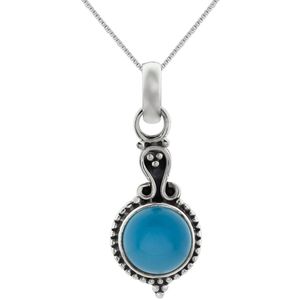 Zilveren ketting dames met hanger | Zilveren ketting, blauwe ronde chalcedoon steen met details