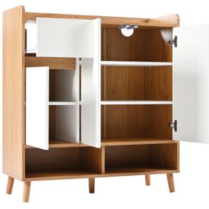 Schoenenkast wit + bruin,Dressoir met lade ,verstelbare planken,massief houten poten,H99x B90 x D35 cm
