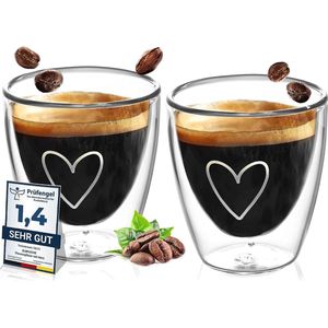 Espresso Kopjes Set Hart [2 x 80 ml] Dubbelwandige Espresso Glazen Set | Dubbelwandige Thermoglazen | Mokka Kopjes | Vaatwasmachinebestendige Espresso Koffiekopjes voor Alle Standaard Volautomatische Machines.