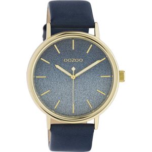 OOZOO Timepieces - goudkleurige horloge met blauwe leren band - C10938 - Ø42
