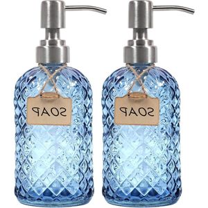 Glazen hand- en vaatzeepdispenser met roestvrijstalen pomp - blauw - 2-pack