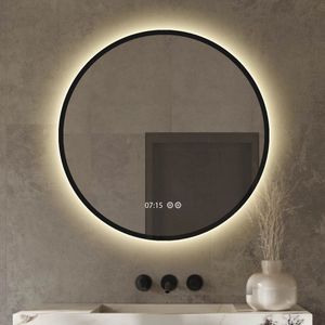 Badkamerspiegel Rond 80 cm Met Verlichting en Verwarming - Mat Zwart Metalen Rand - Met Klok Weergave