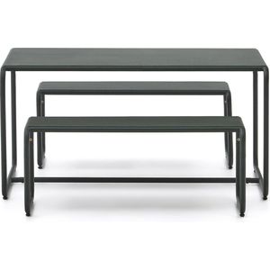 Kave Home - Sotil kinderset van 2 banken en gegalvaniseerde stalen tafel met groene afwerking 95 x 62