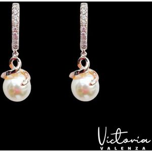 Victoria Valenza Perla Luxe Oorbellen Dames Messing Oorhangers Dames Oorringen - Witte Steen - Kleur Rosegoud - 1 Paar