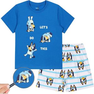 Bluey Jongens, blauw-witte pyjama met korte mouwen, pyjama met korte broek