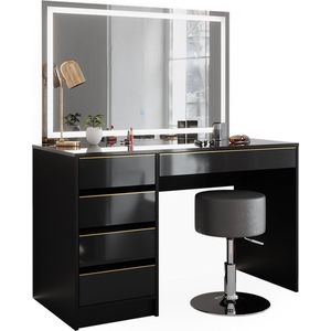 Vicco Sherry Kaptafel – 120 cm met LED-spiegel en kruk Zwart/goud met LED-spiegel en kruk