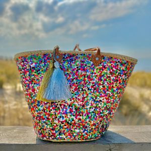 Bohemida- Rieten Tas met franjes - Boho Ibiza Shopper tas/Strandtas - Multi pailletten - Boodschappentas - Mandtas – Boodschappenmand -Afsluitbaar