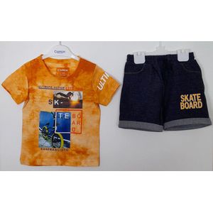Jongens kleding set geel T-shirt korte spijkerbroek Skate 100% katoen maat 116