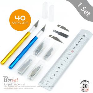 Borvat® - Scalpel mesjes set - hobbymes set - 1 liniaal staal - 2 scalpels - 40 reserve scalpel mesjes - 43 delige