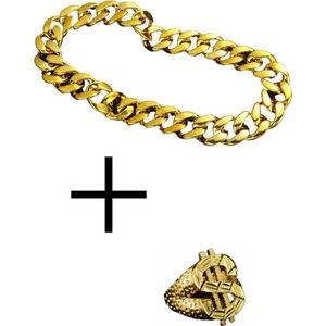 SET: Dikke brede gouden ketting halsketting met grote schakels + ring dollar teken | Pooier | Kamping Kitch outfit | Carnaval accessoire | Foute Party | Hip-Hop | Pimp Ketting | Marginale verkleedkledij | 80's 90's | New Kids Maaskantje | Retro