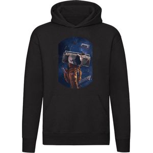 Astronaut luistert muziek | dj | play | music | muziek luisteren | radio | bandje | geluid | Unisex | Trui | Hoodie | Sweater | Capuchon | Zwart