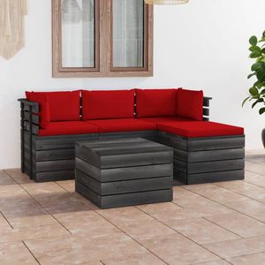 The Living Store Pallet Loungeset - Grenenhout - Modulair - Rood kussen - 60x65x71.5 cm