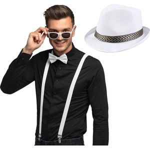 Toppers - Carnaval verkleedset Funky - hoed/bretels/bril/strikje - wit - heren/dames - verkleedkleding - verkleedkleding accessoires