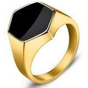 Zegelring Heren Goud Kleurig met Zwarte Steen - Zeshoekig - Staal - Ring Ringen - Cadeau voor Man - Mannen Cadeautjes
