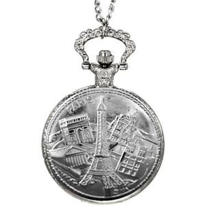 Fako® - Zakhorloge - Pocket Watch - XXL - Parijs - Ø 47mm - Zilverkleurig