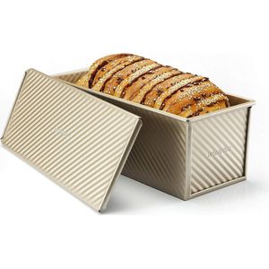 Broodbakvormen, toast, brood, bakvorm, Pullman, broodpan, broodpan, blik met verschuifbaar deksel, aluminium, staal, 1000 g, deeg, champagnegoud, antiaanbaklaag, 34 x 13,5 x 12 cm