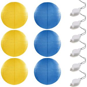 Setje van 6x stuks luxe geel/blauw bolvormige party lampionnen 35 cm met lantaarnlampjes - Feest decoraties/versiering