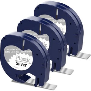 Label Tape Geschikt voor Dymo 91208 | 12 mm x 4 m | Zwart op ZILVER - 3 stuks - Geschikt voor: LT-100H LT-100H Plus LT-100T LT-100T Plus XM XR 2000 QX50