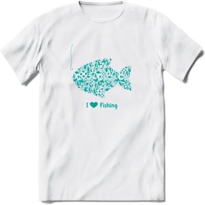 I Love Fishing - Vissen T-Shirt | Aqua | Grappig Verjaardag Vis Hobby Cadeau Shirt | Dames - Heren - Unisex | Tshirt Hengelsport Kleding Kado - Wit - S