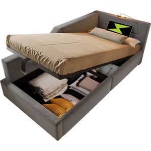 Merax Gestoffeerd Eenpersoonsbed 90x200cm met Hydraulische Opbergruimte - Bed met USB-C Aansluiting en Leeslamp - Grijs