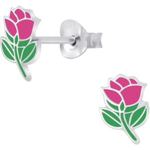 Joy|S - Zilveren bloem oorbellen - roze roosje
