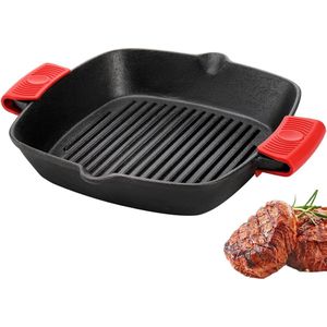 Gietijzeren grillpan 25 cm vierkante pan met gemakkelijke vetafvoeruitloop en twee siliconen handgrepen, vlees, kamperen en grillen