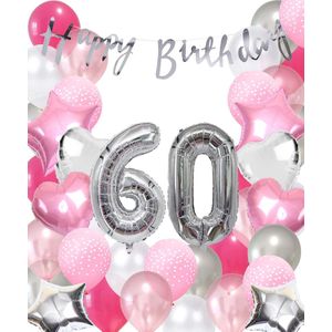 Snoes Ballonnen 60 Jaar Pink Blush Silver Mega Ballon - Compleet Feestpakket 60 Jaar - Verjaardag Versiering Slinger Happy Birthday – Folieballon – Latex Ballonnen - Helium Ballonnen - Zilver en Roze Verjaardag Decoratie