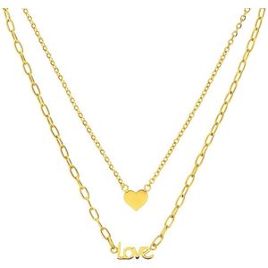 Lucardi Dames Stalen goldplated ketting met een hartje en love - Ketting - Staal - Goudkleurig - 47 cm