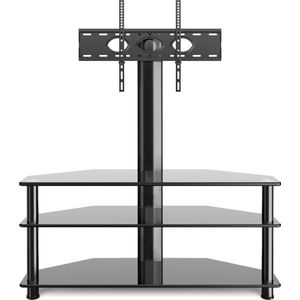 TV-rek Glazen TV-tafel TV-standaard voor 32-70 Inch TV's, ±45° Draaibaar en in hoogte verstelbaar TV-hoekkastmeubel TV-kast met 3 planken van gehard glas | Maximaal 50KG VESA 600x400mm