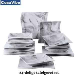 CasaVibe Serviesset – 24 delig – 12 persoons – Keramiek - Luxe – Bordenset – Dinnerborden - Marmer