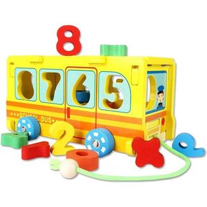 ZaciaToys Houten Trekfiguur schoolbus Cijfers - Vormenstoof - Montessori Speelgoed - Rekenspel