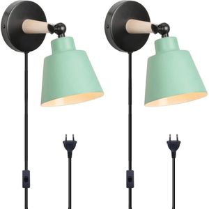 Moderne wandlamp van metaal en hout - 2 stuks, decoratie, E27-fitting, verstelbaar, voor slaapkamer en woonkamer, groen met stekkerschakelaar