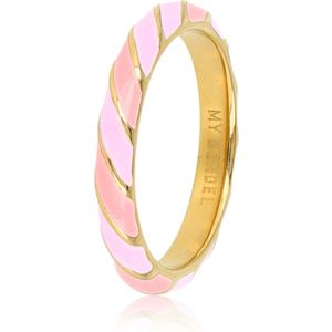 My Bendel Goudkleurige ring met roze en lila Epoxy - Kleurrijke ring met roze en lila Epoxy - Met luxe cadeauverpakking