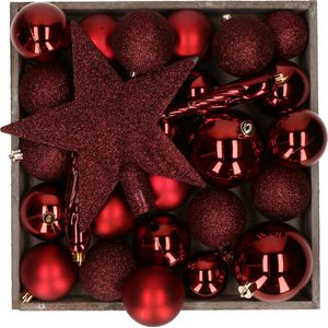 Kerstballen set - 45x st - met ster piek - donkerrood - kunststof