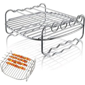 Airfryer Skewer Rack - 17 x 17 x 7 cm RVS Accessoires voor Heteluchtfriteuse - Twee Lagen met Bakstift