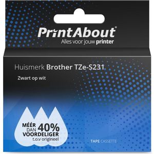 PrintAbout huismerk Tape TZe-S231 Zwart op wit (12 mm) geschikt voor Brother