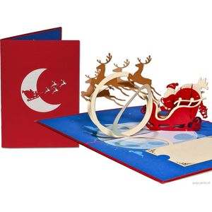 Popcards popupkaarten - Kerstkaart Kerstman met Rudolf en Rendieren voor Arrenslee met Cadeaus feestdagenkaarten pop-up kaart 3D wenskaart