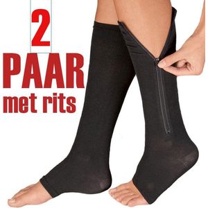 2 PAAR Compressiekousen met RITS | Steunkousen | Vliegtuigsokken voor op reis of vakantie | Compressie sokken ritssluiting | Reiskousen | bloedcirculatie | vochtafdrijvend | Etalagebenen | Huidskleur | S / M | 2 Paar / Kleur: ZWART