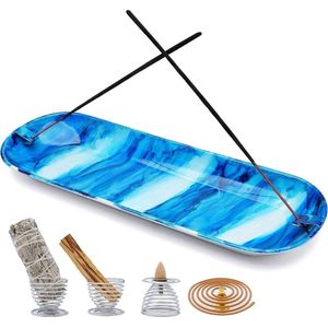 Wierookhouder - Palo Santo houder - saliehouder - handgemaakte ijzeren wierookbranderhouder - 30,5 cm - wierookstokhouder - brander voor meditatie yoga spa - praktische asvanger (blauw wit)