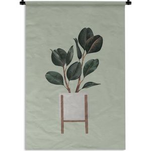 Wandkleed PlantenKerst illustraties - Illustratie van een plant met donkere ovalen bladeren op een grijsblauwe achtergrond Wandkleed katoen 60x90 cm - Wandtapijt met foto