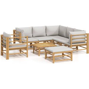 vidaXL 8-delige Bamboe Loungeset met Grijze Kussens Bamboetuinmeubel - Lounge Set - Buisensets - Outdoor Furniture - Tuintafel